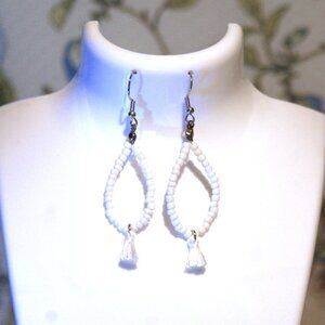 White beaded wire teardrop earrings with mini white tassels ED-8-027
